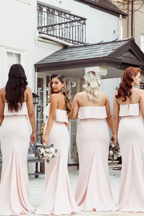 Pink Mermaid Satin Floor-length Strapless Simple Bridesmaid Dresses