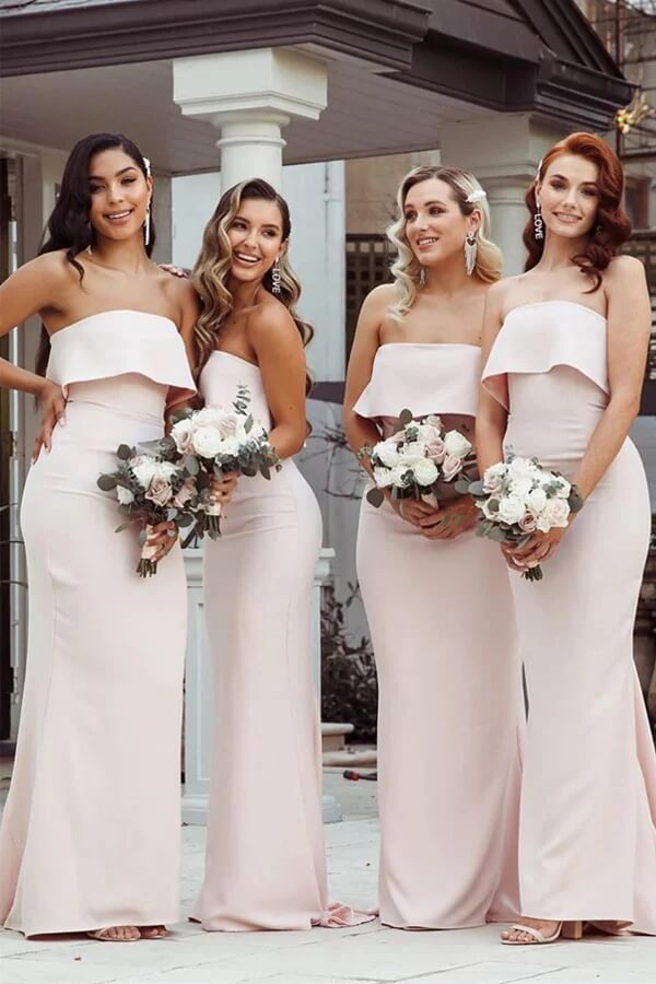 Pink Mermaid Satin Floor-length Strapless Simple Bridesmaid Dresses