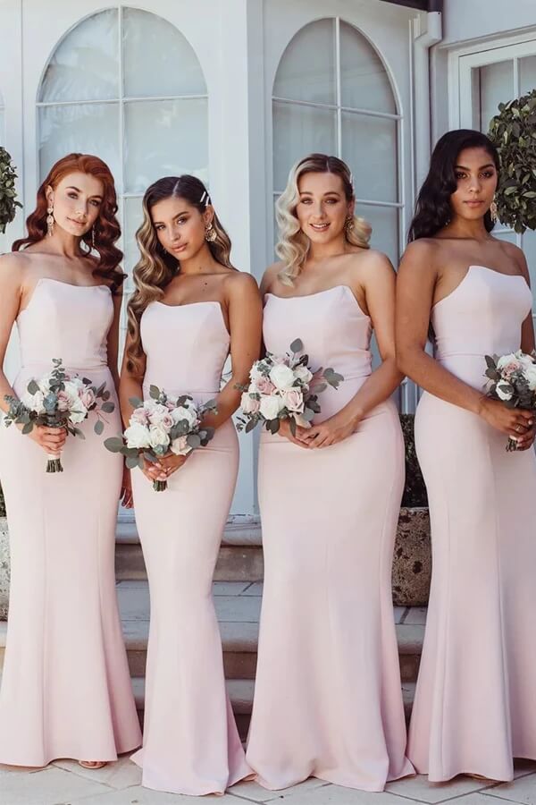 Pink Mermaid Strapless Long Bridesmaid Dresses, Wedding Party Dress