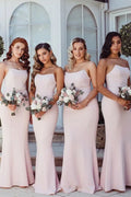 Pink Mermaid Strapless Long Bridesmaid Dresses, Wedding Party Dress