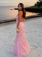 Pink Mermaid Beaded Prom Dress With Strapless Sweetheart Neckline Corset Bodice