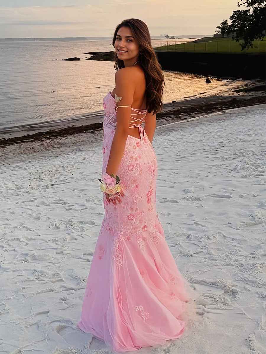 Pink Mermaid Beaded Prom Dress With Strapless Sweetheart Neckline Corset Bodice