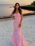 Pink Mermaid Beaded Prom Dress With Strapless Sweetheart Neckline Corset Bodice