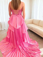 Pink Beaded Corset Prom Dress With Pleated Ruffles And Slit