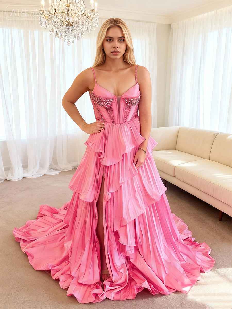 Pink Beaded Corset Prom Dress With Pleated Ruffles And Slit