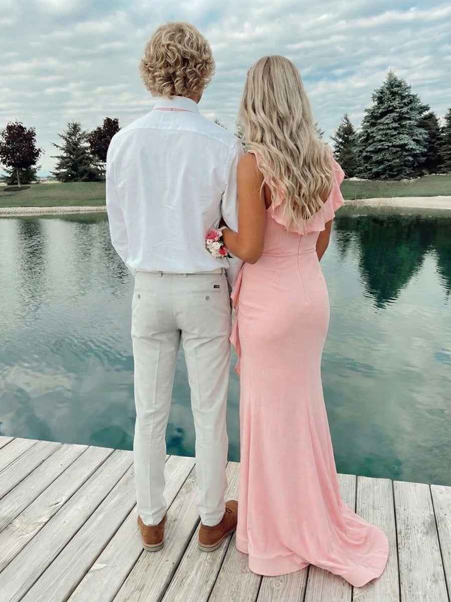 Light Pink Ruffled V Neck Prom Dress With High Slit