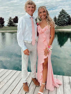 Light Pink Ruffled V Neck Prom Dress With High Slit
