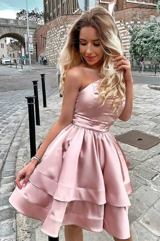 Pink Satin A-line One Shoulder Homecoming Dresses, Short Party Dresses