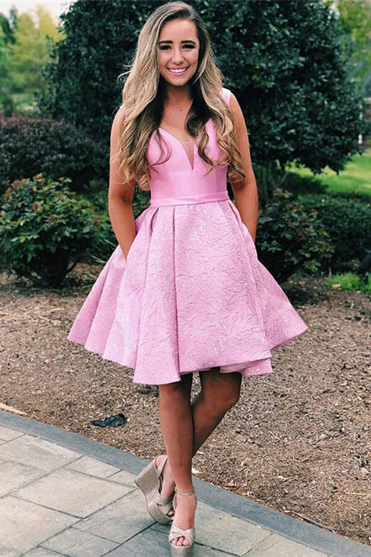 Pink Satin A-line V-neck Homecoming Dress With Pocket, Graduation Dress