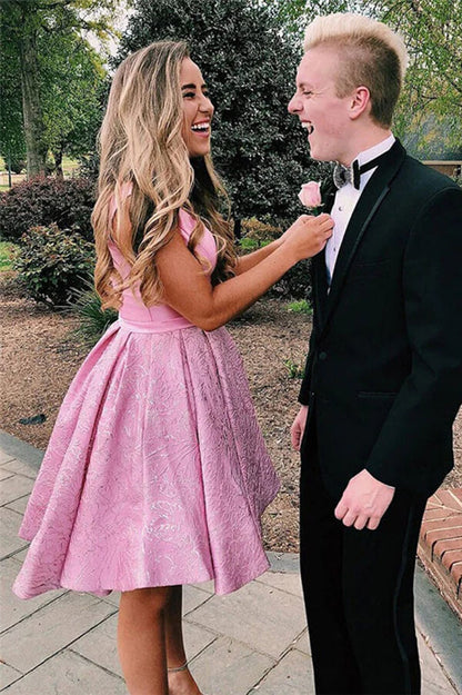 Pink Satin A-line V-neck Homecoming Dress With Pocket, Graduation Dress