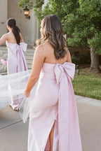 Abiti da damigella d'onore rosa in raso, lunghi fino a terra, senza spalline con fiocco