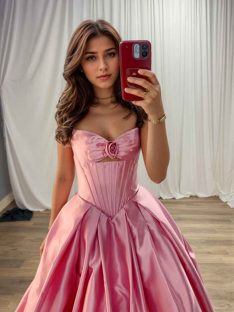 Pink Satin Strapless Long Corset Prom Gown With Rosette