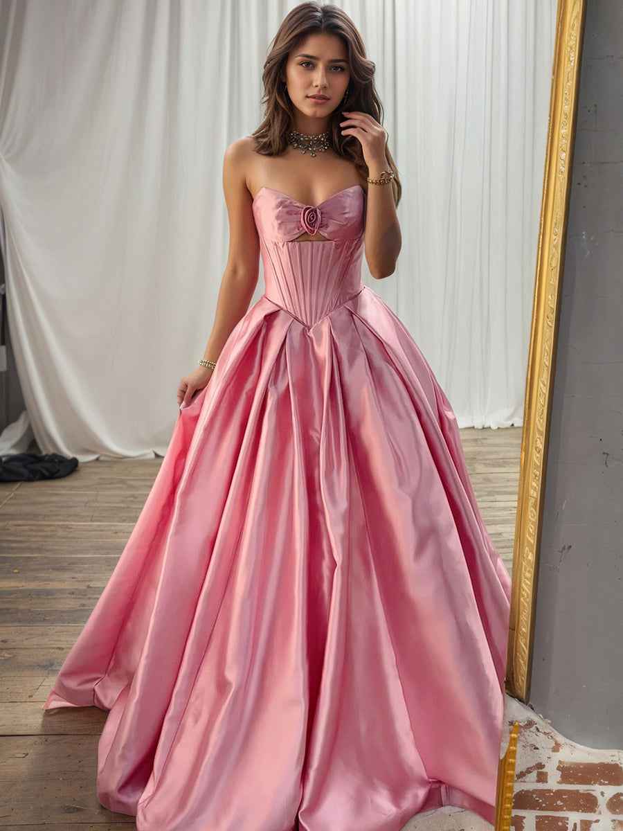 Pink Satin Strapless Long Corset Prom Gown With Rosette