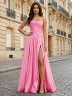Pink Satin Strapless Long Corset Prom Dress With Slit
