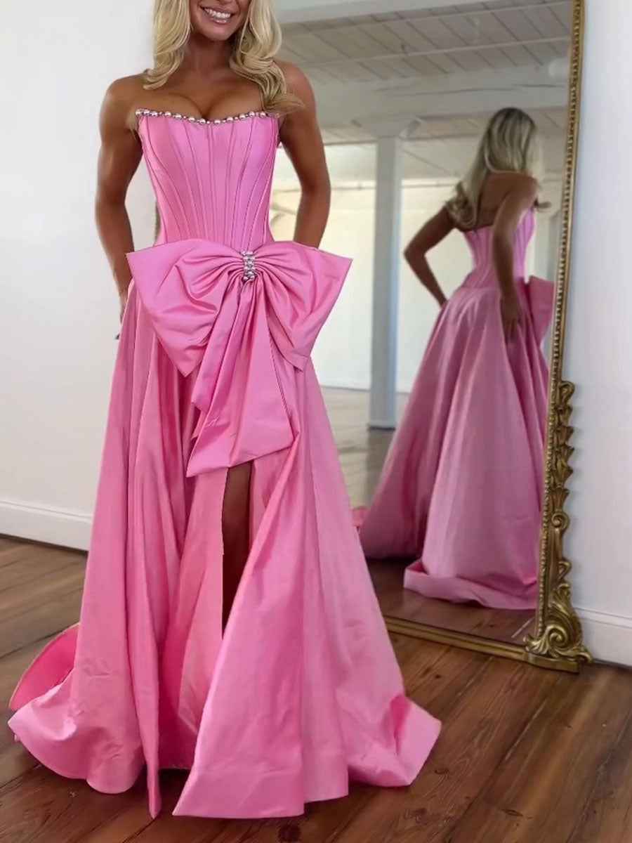 Pink Satin Strapless Pearl Bodice Prom Dress Oversized Bow
