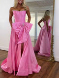 Pink Satin Strapless Pearl Bodice Prom Dress Oversized Bow