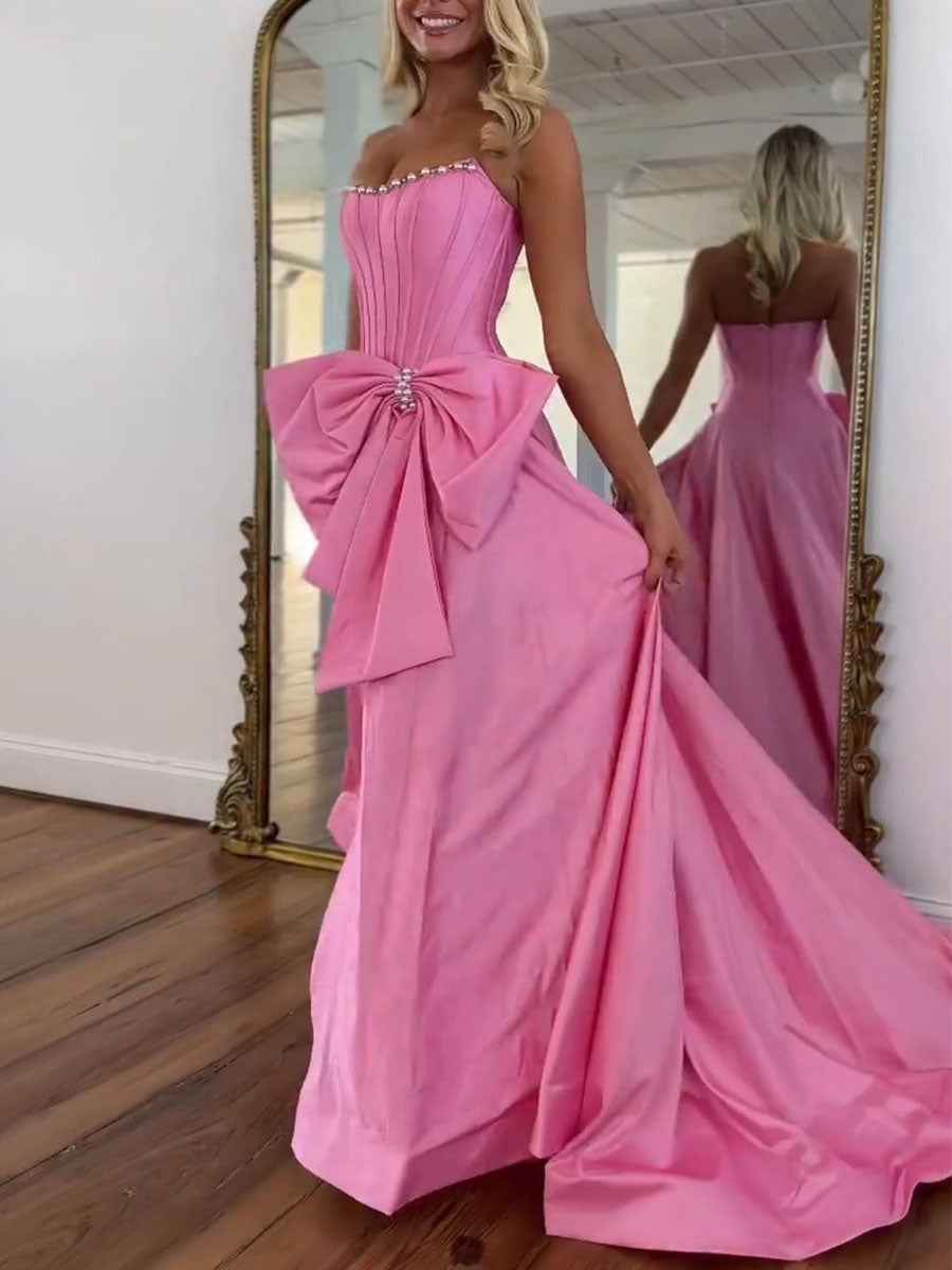 Pink Satin Strapless Pearl Bodice Prom Dress Oversized Bow