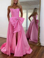 Pink Satin Strapless Pearl Bodice Prom Dress Oversized Bow