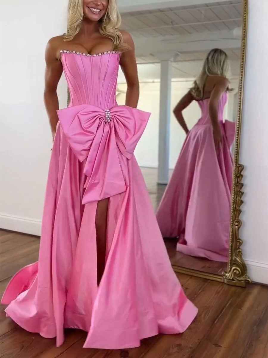 Pink Satin Strapless Pearl Bodice Prom Dress Oversized Bow