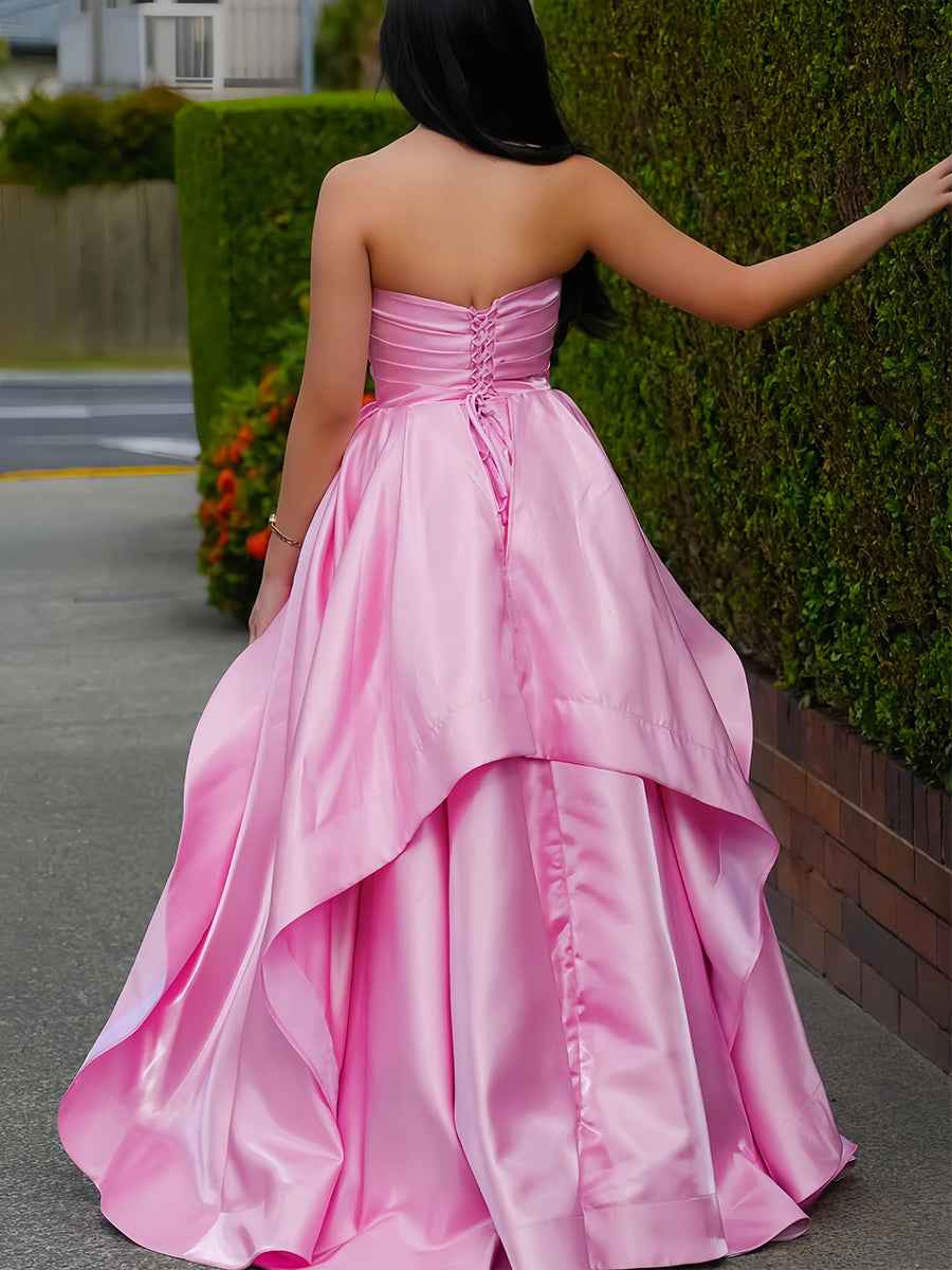 Pink Satin Strapless Ruched Bodice Asymmetrical Tiered Prom Gown