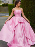 Pink Satin Strapless Ruched Bodice Asymmetrical Tiered Prom Gown
