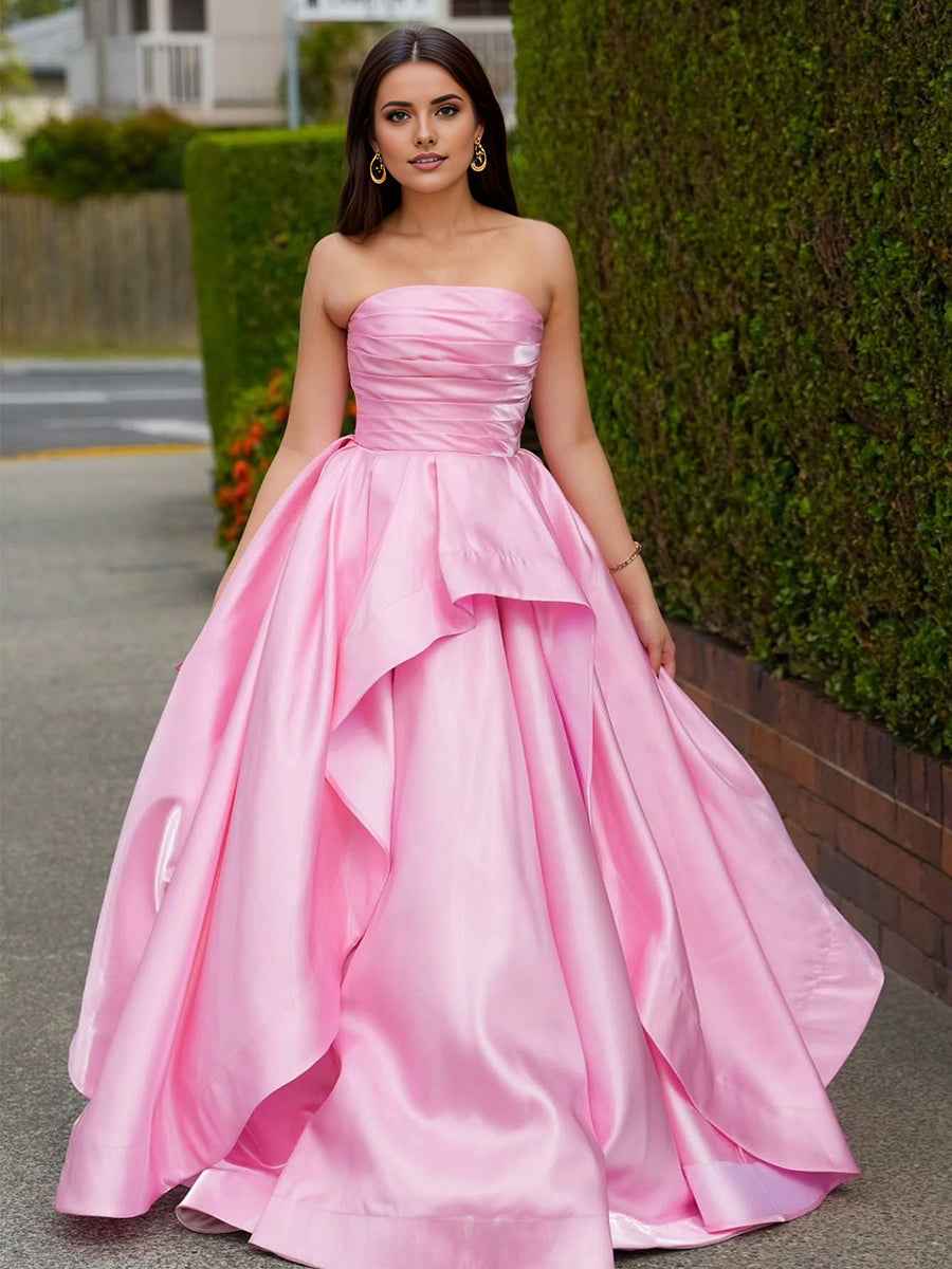 Pink Satin Strapless Ruched Bodice Asymmetrical Tiered Prom Gown