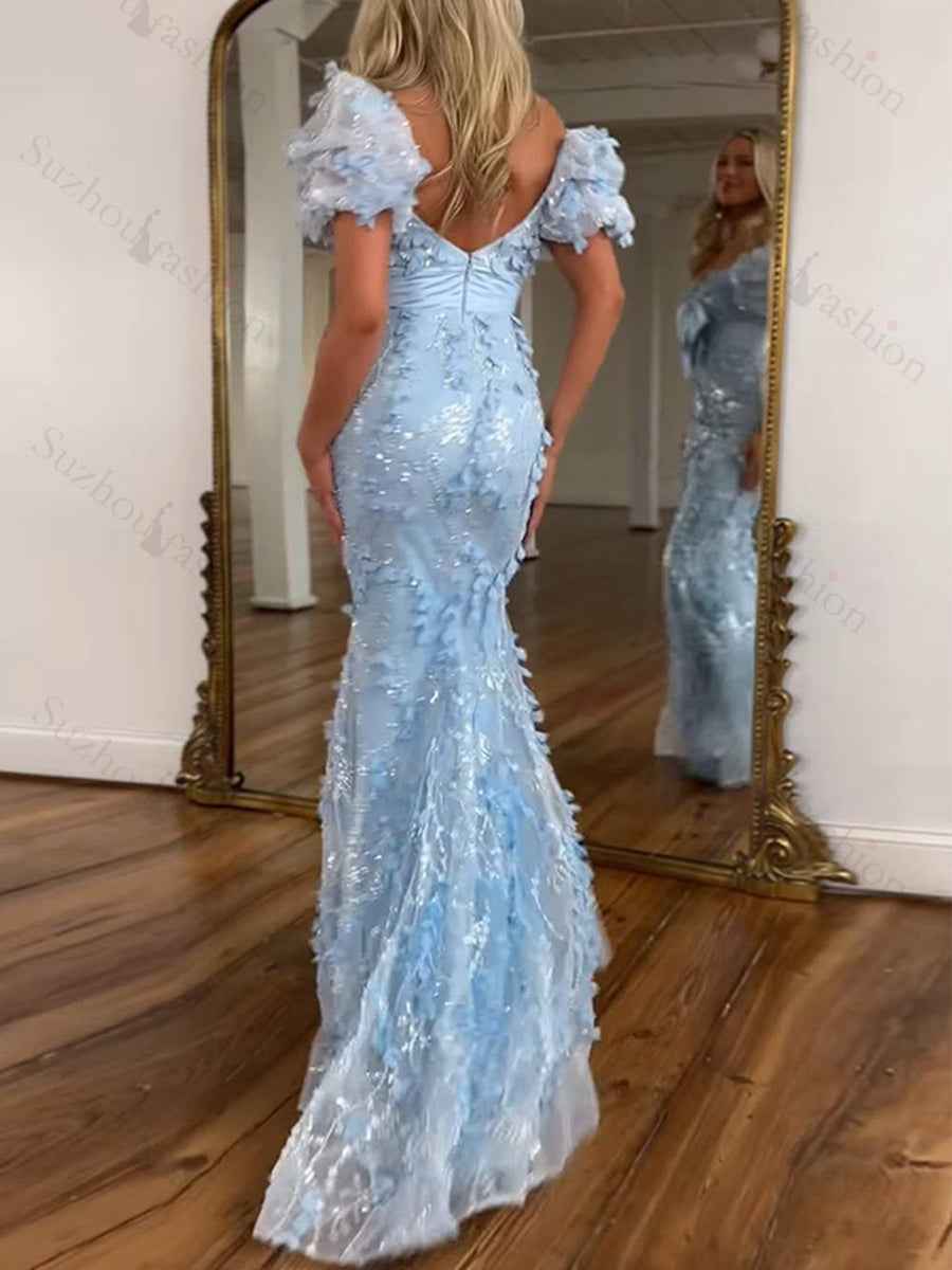 Pink Sequin Leaf Mermaid Prom Dress With V Neck