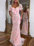 Pink Sequin Leaf Mermaid Prom Dress With V Neck