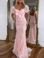 Pink Sequin Leaf Mermaid Prom Dress With V Neck