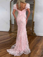 Pink Sequin Leaf Mermaid Prom Dress With V Neck