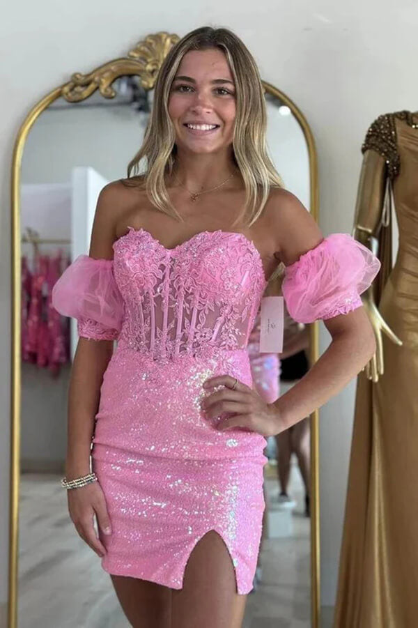 Abiti da cerimonia rosa con paillettes, aderenti, senza spalline, con applicazioni di pizzo, modello MH642