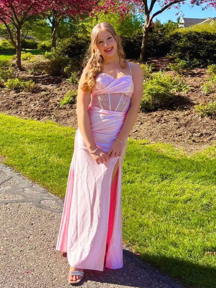 Pink Shimmer Crystal Embellished Corset Prom Dress With Sheer Bodice And Slit