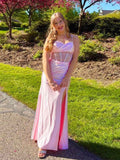 Pink Shimmer Crystal Embellished Corset Prom Dress With Sheer Bodice And Slit