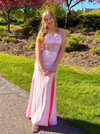 Pink Shimmer Crystal Embellished Corset Prom Dress With Sheer Bodice And Slit