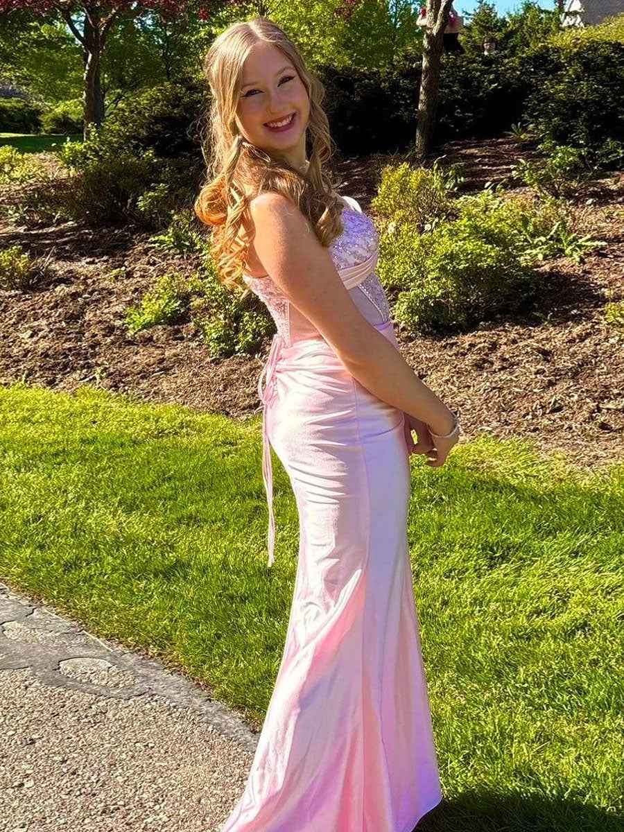 Pink Shimmer Crystal Embellished Corset Prom Dress With Sheer Bodice And Slit