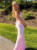 Pink Shimmer Crystal Embellished Corset Prom Dress With Sheer Bodice And Slit
