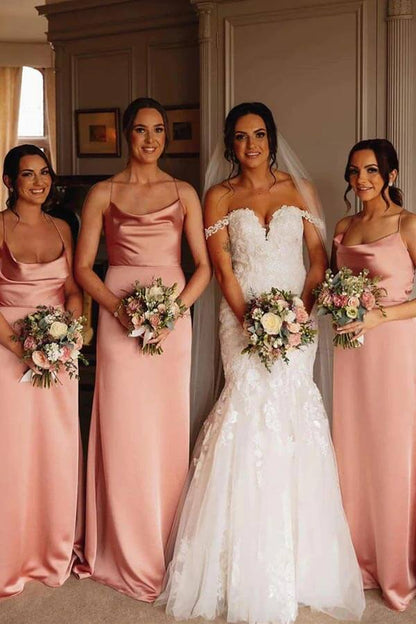 Rosa Seidensatin Bodenlange Brautjungfernkleider, Hochzeitspartykleider 