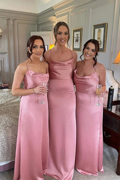 Rosa Seidensatin Bodenlange Brautjungfernkleider, Hochzeitspartykleider 