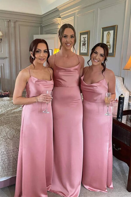 Pink Silk Satin Floor Length Bridesmaid Dresses, Wedding Party Dresses