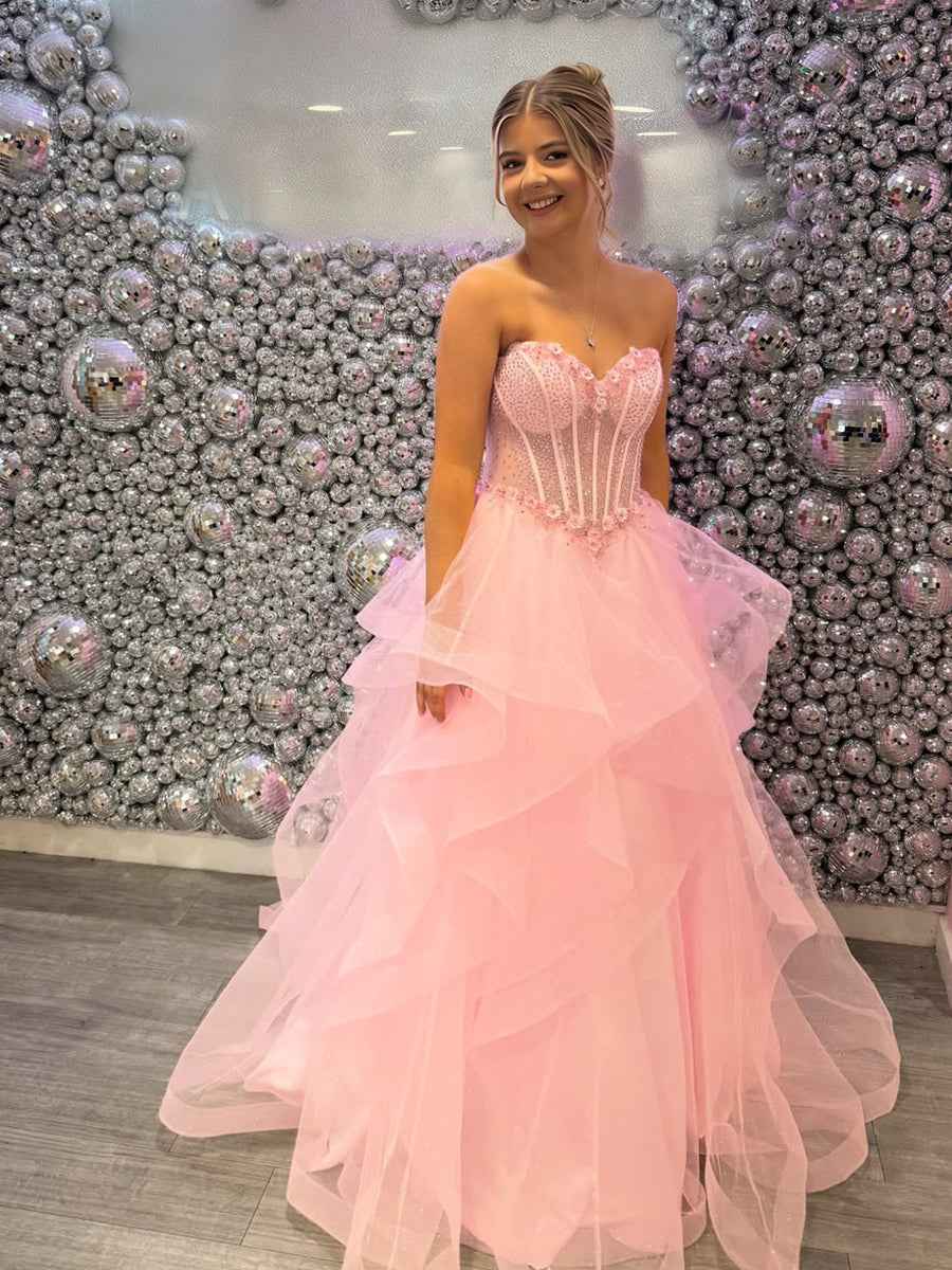 Blush Pink Ball Gown Prom Dress With Corset Bodice Floral Appliques Beadwork