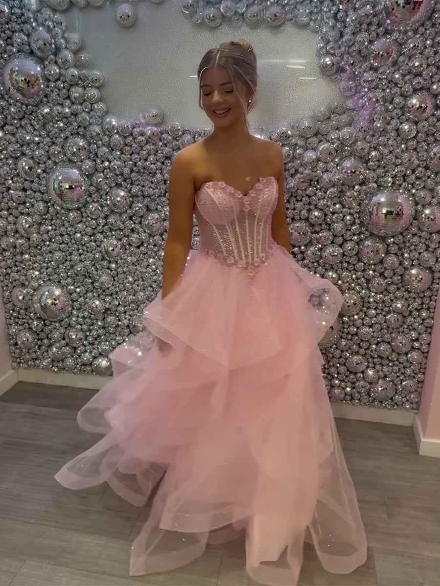 Blush Pink Ball Gown Prom Dress With Corset Bodice Floral Appliques Beadwork