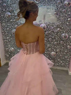 Blush Pink Ball Gown Prom Dress With Corset Bodice Floral Appliques Beadwork