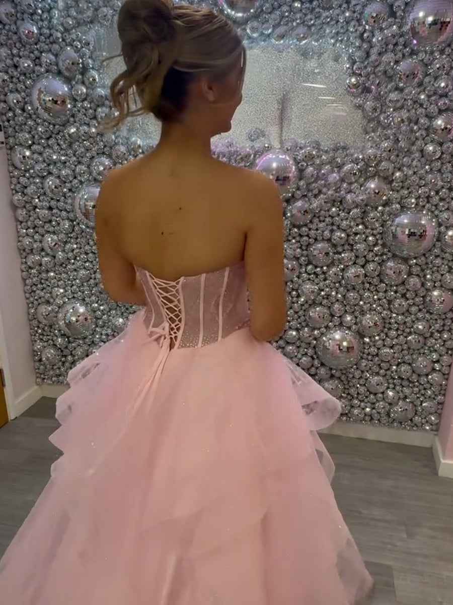 Blush Pink Ball Gown Prom Dress With Corset Bodice Floral Appliques Beadwork