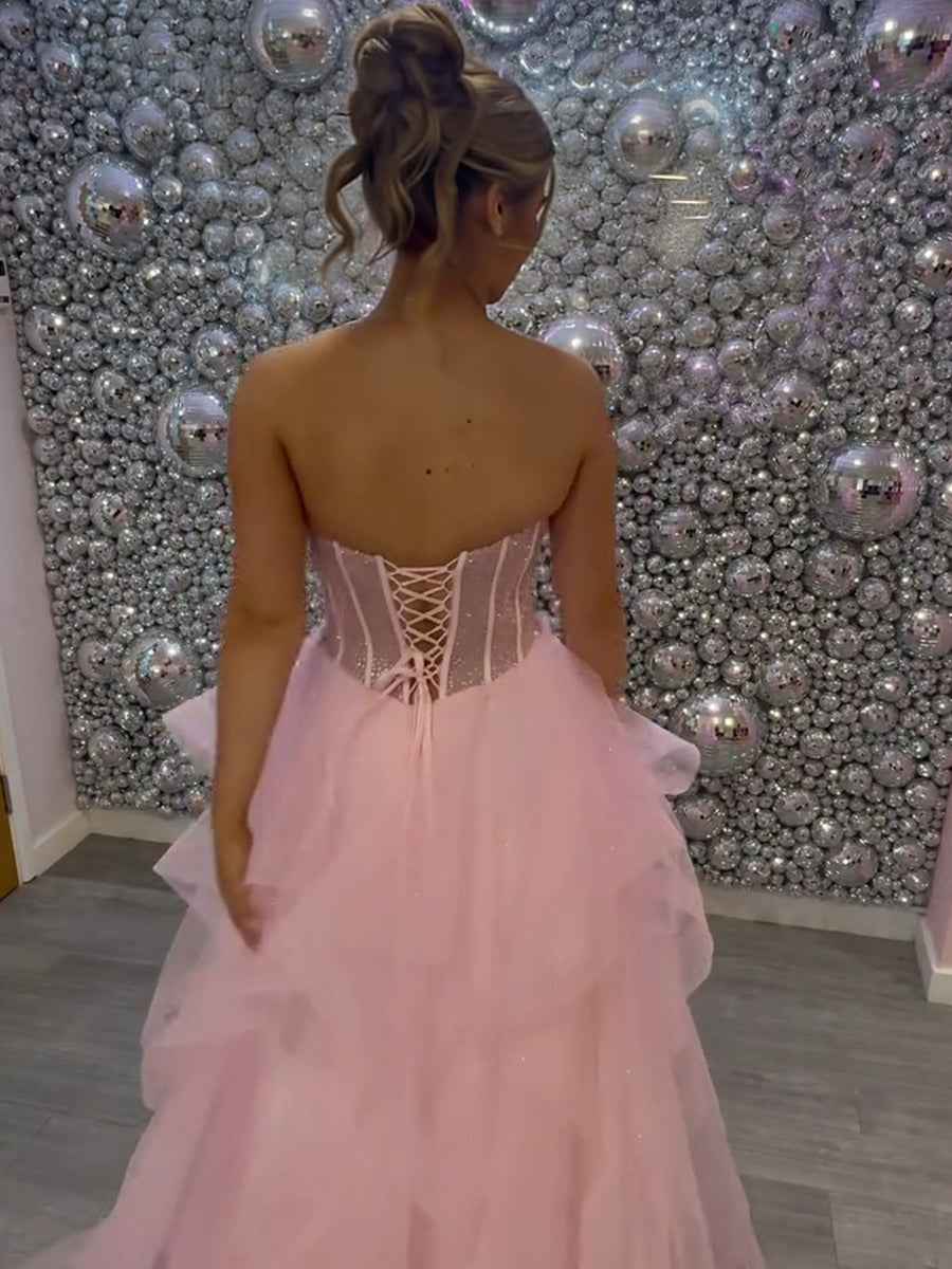 Blush Pink Ball Gown Prom Dress With Corset Bodice Floral Appliques Beadwork