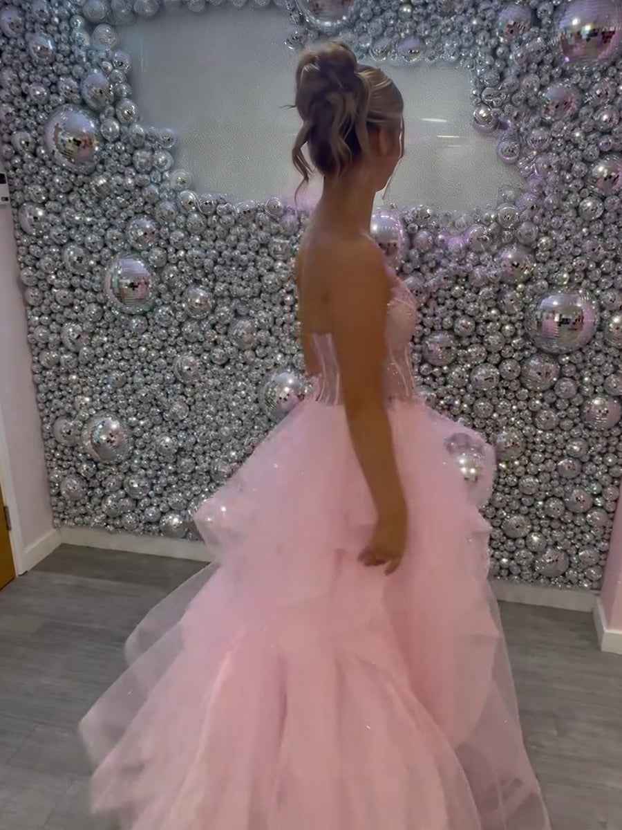 Blush Pink Ball Gown Prom Dress With Corset Bodice Floral Appliques Beadwork
