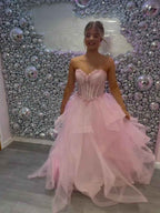 Blush Pink Ball Gown Prom Dress With Corset Bodice Floral Appliques Beadwork