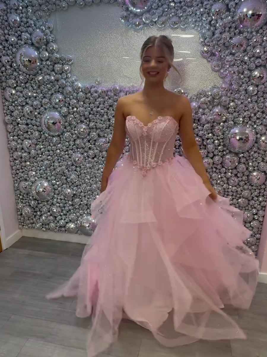 Blush Pink Ball Gown Prom Dress With Corset Bodice Floral Appliques Beadwork