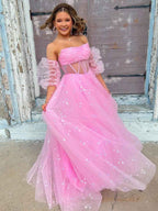 Pink Star Strapless Puff Sleeve Corset Tulle Prom Dress