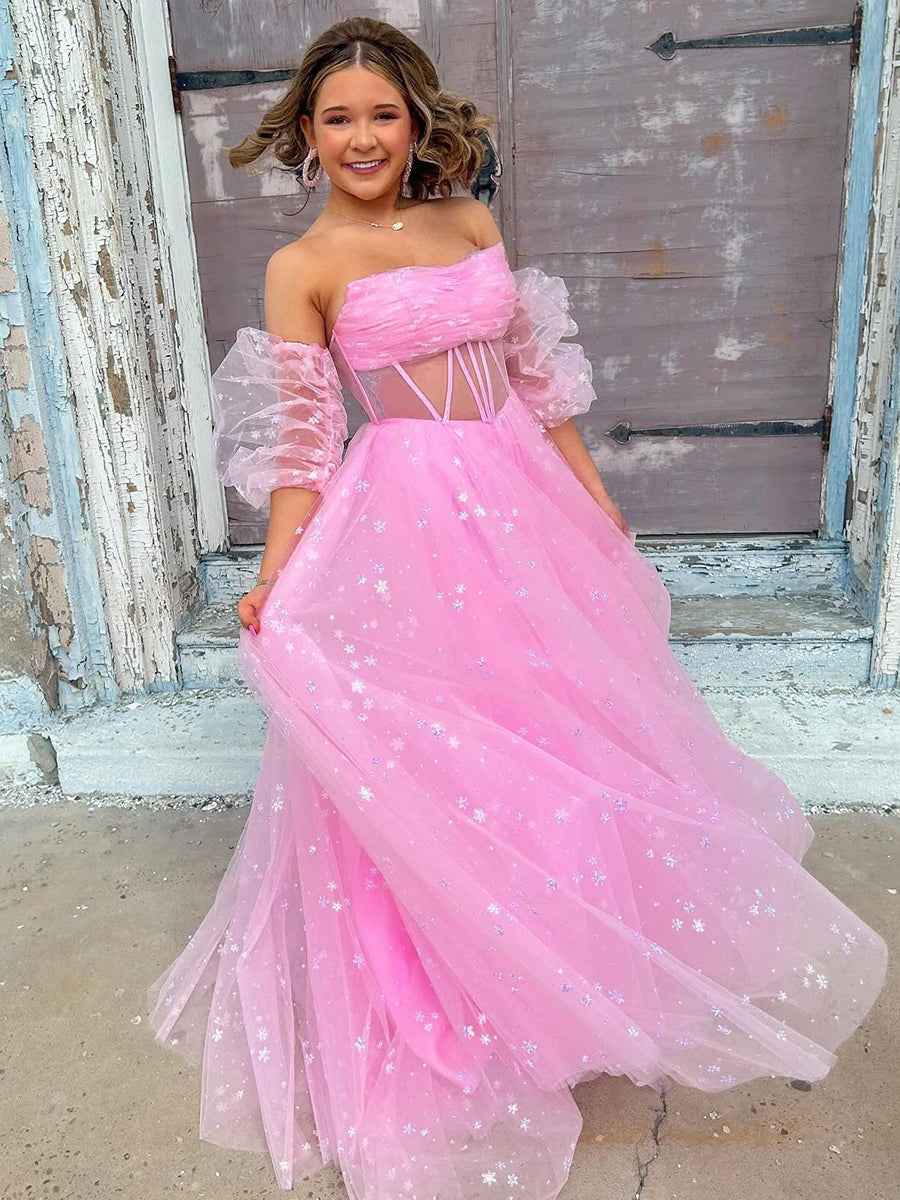 Pink Star Strapless Puff Sleeve Corset Tulle Prom Dress