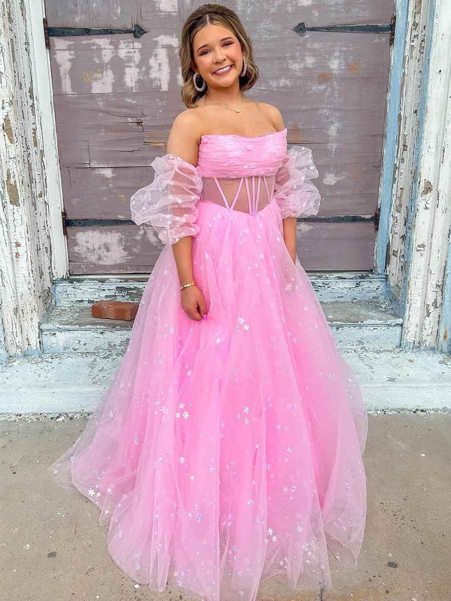 Pink Star Strapless Puff Sleeve Corset Tulle Prom Dress